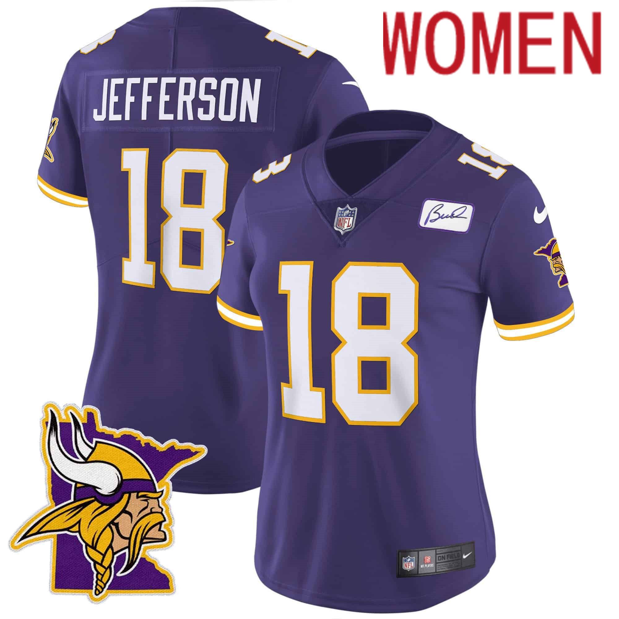 Women Minnesota Vikings #18 Jefferson Purple 2024 Nike Patch Classic Limited NFL Jersey style 1